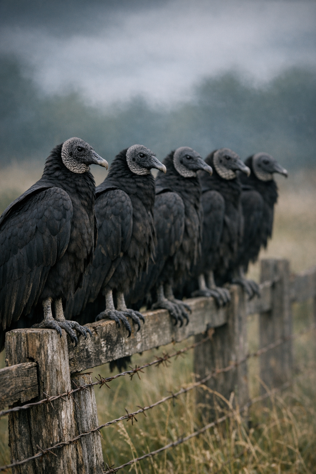 Black vultures on fence