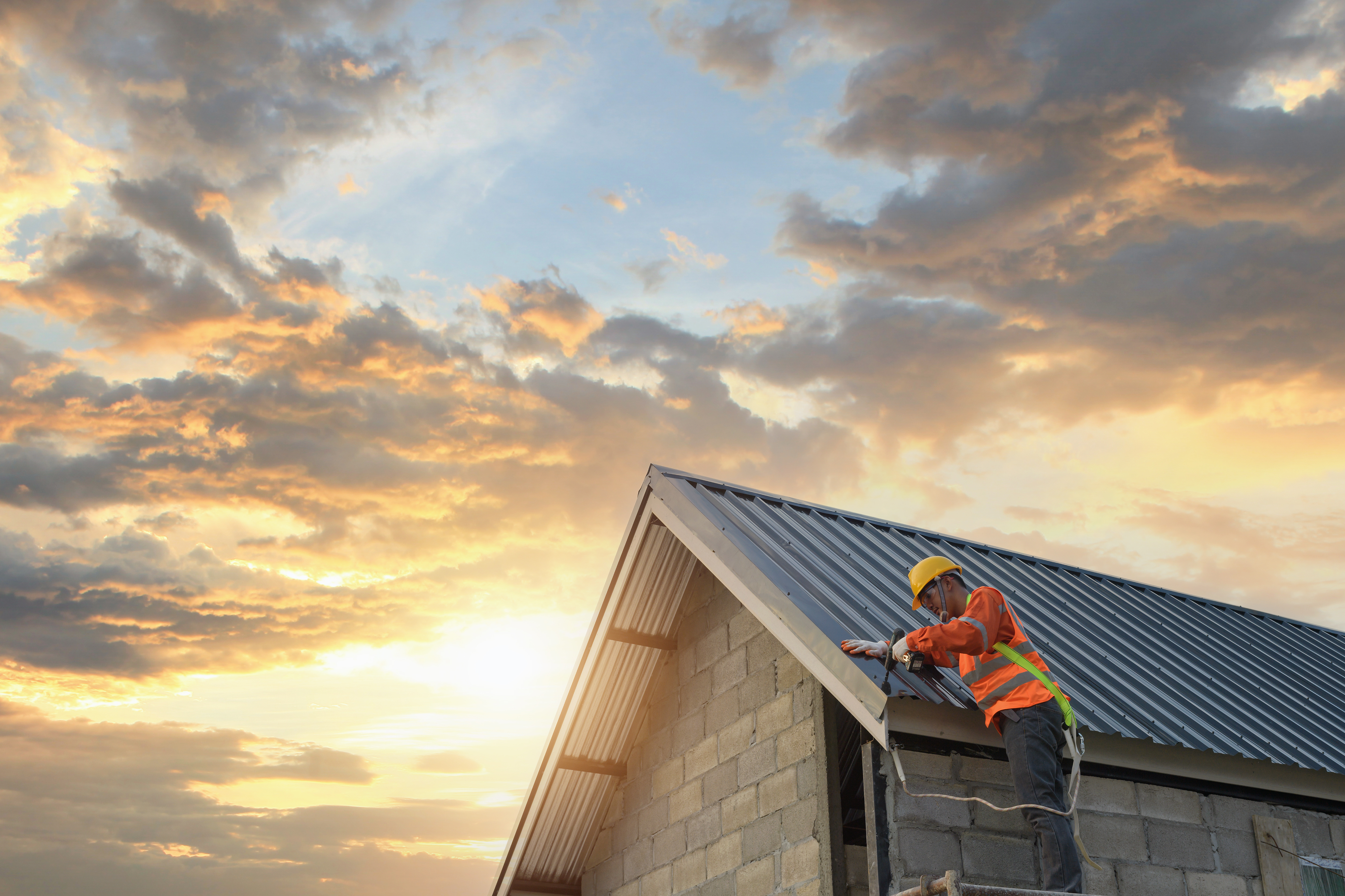 Roof work with fall prevention equipment