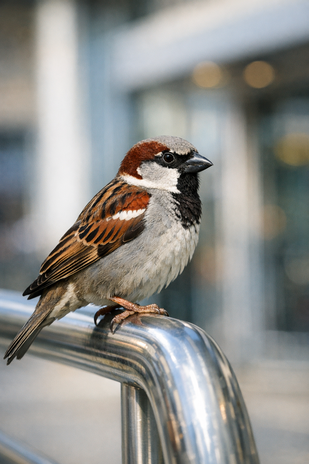 House sparrow on handrail
