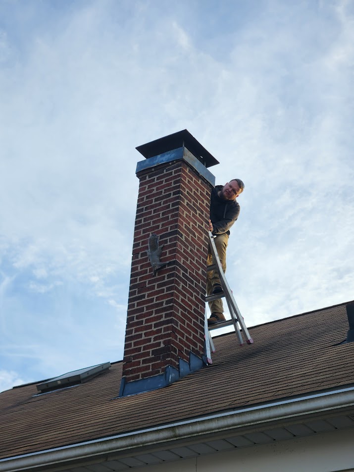 Squirrel on chimney with technician